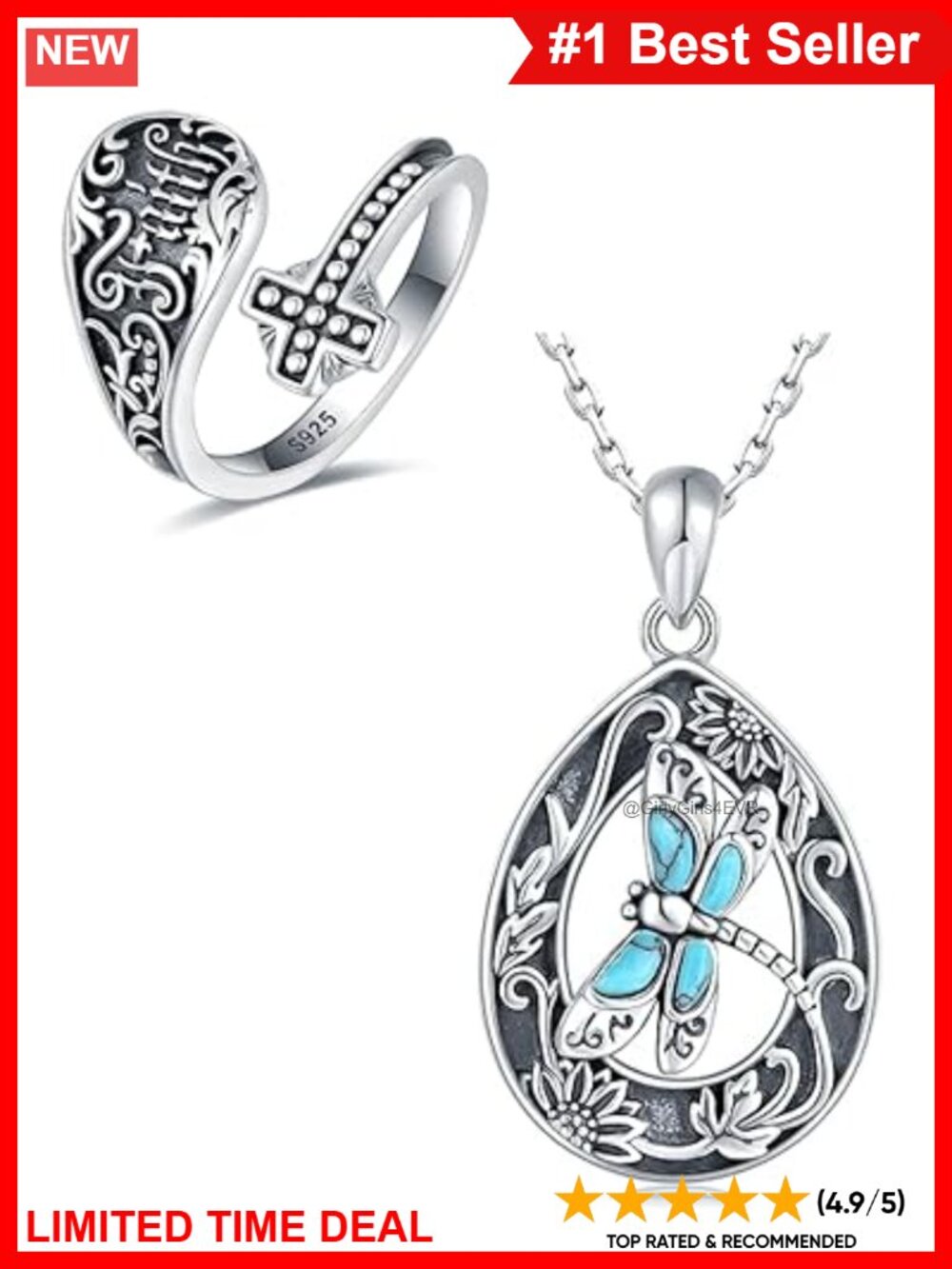 S925 Sterling Silver Cross Dragonfly Sunflower Pendant Necklace Victorian
